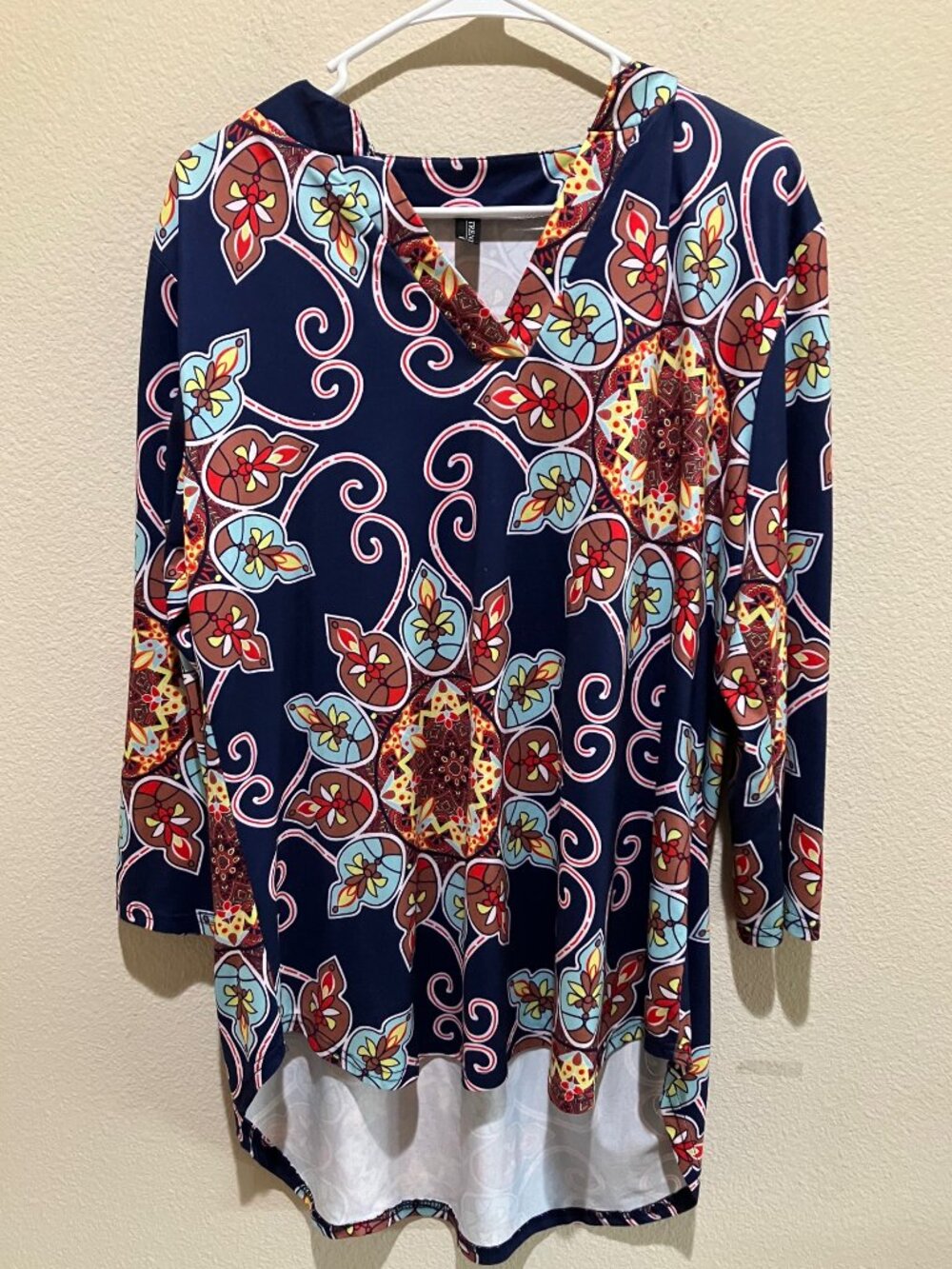Trendimax Tunic Top Boho Paisley Retro 70s High Low Roll Tab Sleeve Womens L
